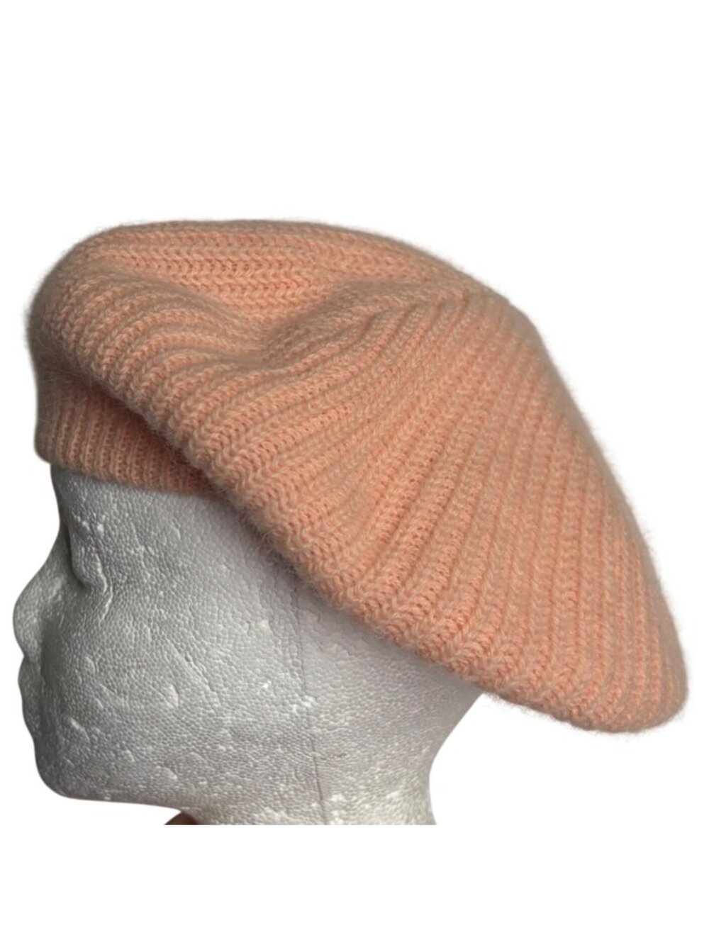 Vintage Aris Peach Orange Knit Beret Angora Wool Blend Hat Cap Snood Made In USA